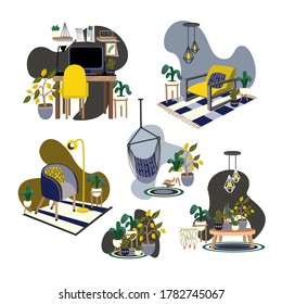 Elementos interiores, sillones, sillas, mesas y otros. Ilustración plana de dibujos animados.