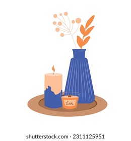 elementos interiores, aromaterapia, velas, hojas en jarrón. Elementos de diseño decorativos. Ilustración vectorial dibujada a mano aislada en el fondo blanco en el estilo moderno de dibujos animados planos.
