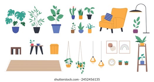 Interior elements. Cozy armchair, plants in pots, carpet and lamps. Furniture and accessories for home or office, vector flat collection