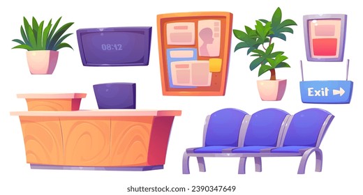 Interior elements of hospital reception - cartoon vector set of furniture for medical service and waiting room - desk with computer, chairs for patients to sit in, posters and decorative plants.