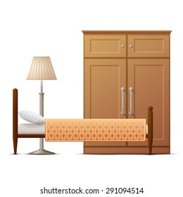 Interior elements of hotel room. Main furniture of bedroom. Qualitative vector illustration about hotel, travel, apartment design, booking, interior, etc