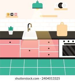 The interior elements, kitchen minimalist design. Shelves with plates, cups, mugs and Sink, plants, vegetable cut board, lamp. Vector illustration concept in flat style. 