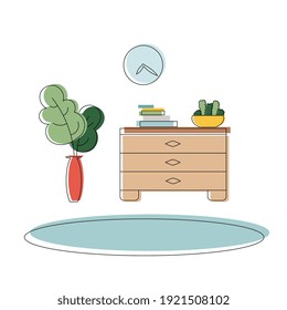 Interior elements in line art colored style. Carpet, houseplant, books, chest of drawers. Good for design applications, banners, postcards or presentations. Universal concept. Vector.
