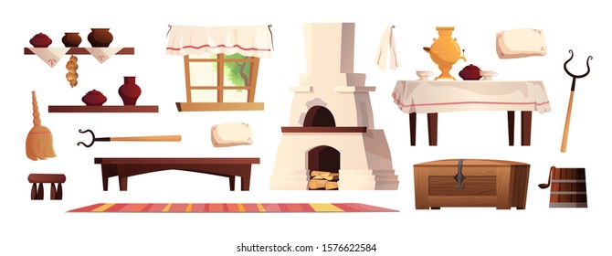 Interior elements of the Russian hut. Ancient Russian stove,  pots, bench, rug, broom, grip, window with curtain, carpet. Vector cartoon illustration.