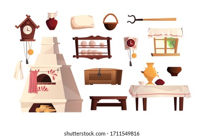 Interior elements of the Russian hut. Ancient Russian stove, clock, bench, rug, broom, grip, window with curtain, carpet. Vector cartoon illustration.