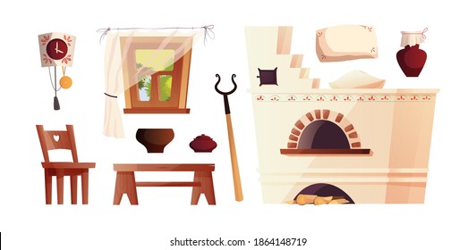 Interior elements of the Russian hut. Ancient Russian stove, clock, bench, grip, window with curtain. Vector cartoon illustration.