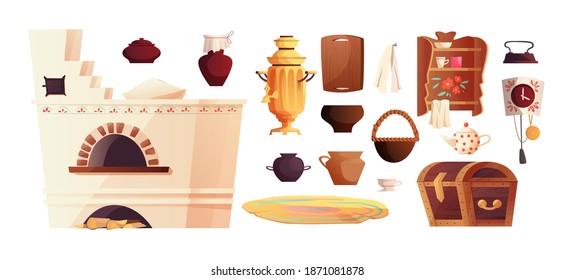 Interior elements of the Russian hut. Ancient Russian stove, clock, bench, chest, samovar, grip, window with curtain. Vector cartoon illustration.