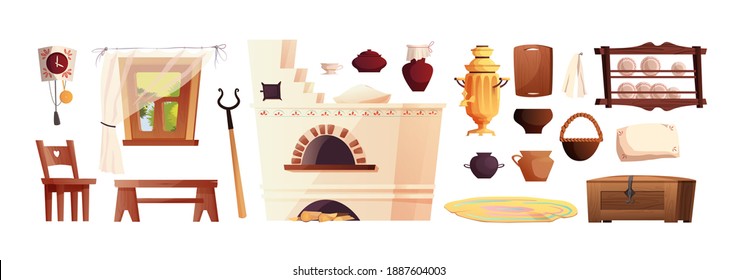 Interior elements of the Russian hut. Ancient Russian stove, clock, bench, chest, samovar, grip, window with curtain. Vector cartoon illustration.