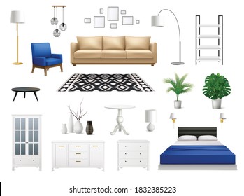 Interior elements set with realistic icons of modern designer furniture with isolated lockers chairs and flowerpots vector illustration