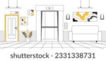 Interior with elevator line concept. Inside hotel building and room. Modern architecture and interior. Comfort and coziness in hall, sofa and painting. Linear flat vector illustration