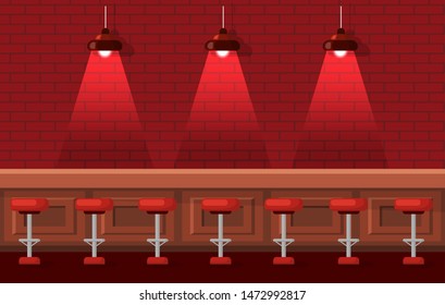 Interior of empty bar vector, drinking establishment for people. Cozy place to drink, red lights from lamp, wooden table and barstools pub flat style