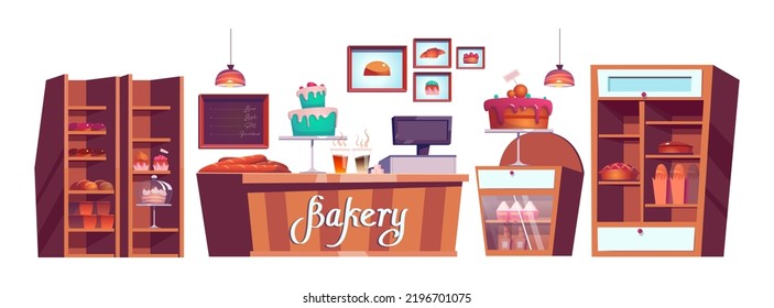 Interior of empty cozy bakery cartoon illustration set. Cafe shop with wooden furniture, desk and shelves. Large assortment of fresh cakes on display stands. Retail, production, service concept