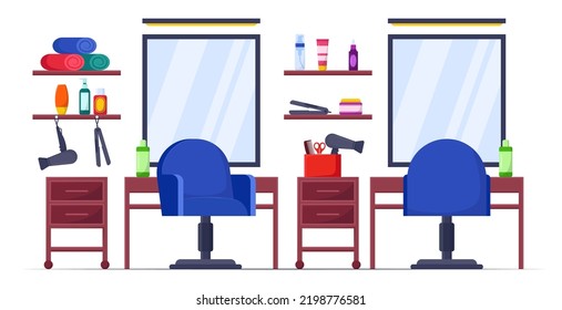 Interior of empty hairdressing salon cartoon illustration set. Hair design studio or beauty salon with furniture, mirror, chairs, hairdryer and equipment for hairstyle. Occupation, service concept