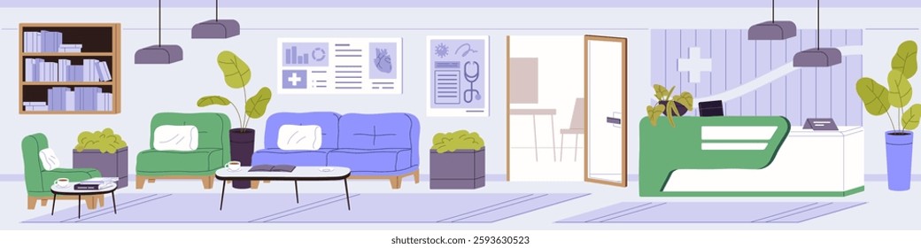 Interior of empty hospital hall with reception counter. Waiting room for patients of clinic, medical center. Medic department with cozy sofas, seats in lounge zone, area. Flat vector illustration