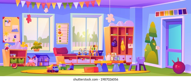 Interior Of Empty Kindergarten Classroom, Room With Toys And Educational Cubes. Education And Obtaining Knowledge For Pupils, Preschool Learning And Studying By Games. Cartoon Vector In Flat Style