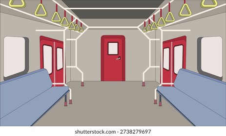 Interior of an empty modern subway or electric train cabin. This minimalist design showcases a symmetrical perspective with vibrant red sliding doors, comfortable blue passenger seating, and yellow overhead grab handles. The clean grey walls and floor provide an urban, professional atmosphere. This versatile illustration is perfect for various creative projects
