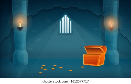 Interior Of An Empty Treasury In An Old Castle With An Empty Chest And Several Coins On The Floor, Vector Illustration