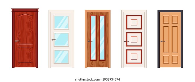 Interior  or Entrance doors isolated on white background. Five vector doors in red, wood, beige, brown color. Realistic vector Doors with or without glass. Modern Doors Flat Design.