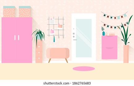 Interior Of The Entrance Hall, Corridor In The House, Apartment. Home Interior In Pink Color Barbie. Entrance Door With Mirror, Large Cabinet With Boxes On Top, Pink Shoe Box, Wall Decor. Flat Vector 