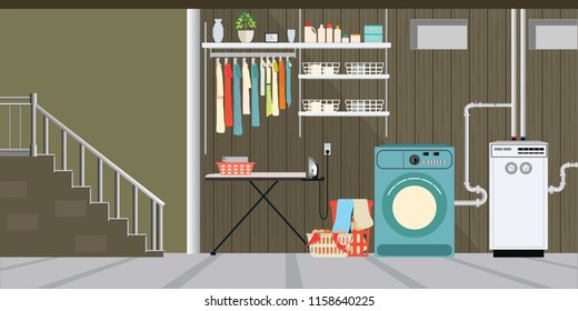 Interior equipment of a basement, washer, shelf with tools, basket with dirty clothes, boxes ,Vector illustration.
