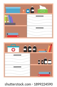 Interior equipment of a clinic room white cupboard with shelves with books and medicines. Set of furniture of medical examination or medical check up interior room flat vector illustration