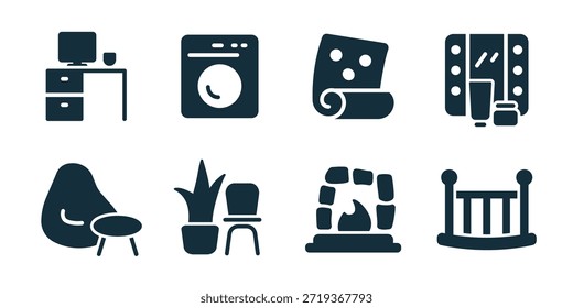 Interior excelente icono de colección. Conjunto de estantería, gabinete de cajón, planta de casa, sillón, marco de espejo, estante de almacenamiento, decoración de la pared, iconos de muebles para el hogar