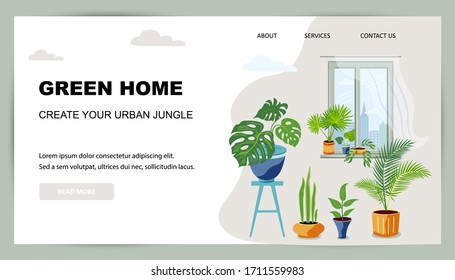Interior with exotic potted plants and window. Home gardening, urban jungle, house plant concept. Place for text. Great for banner, poster, flower shop. Vector illustration.