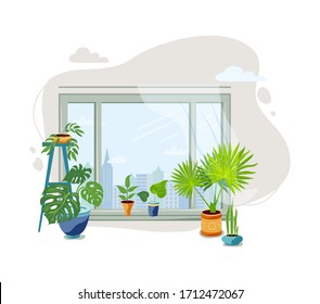 Interior with exotic potted plants and window. Home gardening, urban jungle, house plant concept. Great for banner, poster, flower shop. Vector illustration.