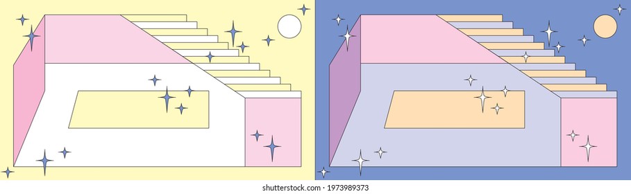  Interior Exterior abstract geometric background design with composition of different forms, shapes and colors. Vector illustration in minimal art style. Day and Night color palletes.