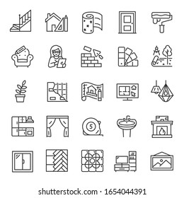 Interior and exterior design, icon set. Interior designer, conceptual development, space planning, selection of furniture, interior decoration materials, linear icons. Line with editable stroke