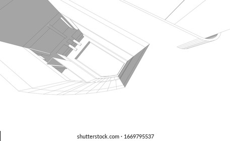 
Interior with facade pond, view of winter garden, in graphic design