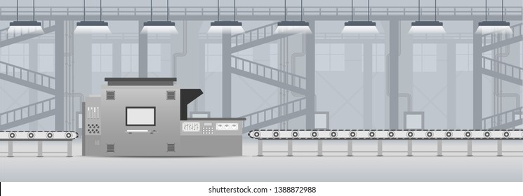 Interior Factory With Machine And Conveyor Belt Flat Design Vector Illustration