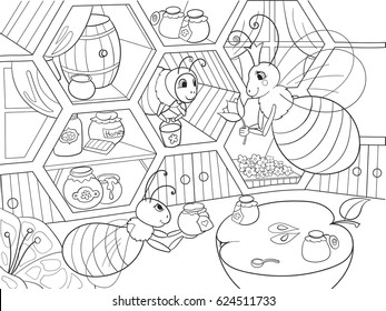 El interior y la vida familiar de las abejas en la casa coloreando para los niños caricatura ilustraciones vectoriales. Apiary, casa de abejas. Estilo Zentangle. Negro y blanco