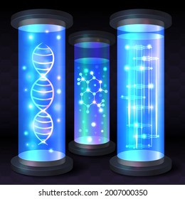 interior of a fantastic chemical laboratory, vertical tube with liquid and dna, sci-fi background with a podium for experiments