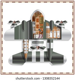 The interior of a fantastic spaceship. Isolated on white background. View from above. Vector illustration.