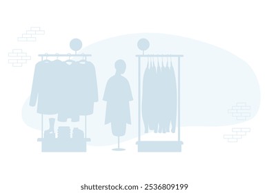 Interior fashion store with brickwork and rack of clothes and price tags and female mannequin. Silhouette drawing with empty space for text. Vector illustration. Holiday purchase concept, Black Friday