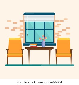 Interior fashionable living room. Two chairs near the window. Coffee table and a vase of flowers. Design of the housing, homes, apartments. Flat vector illustration. Objects isolated on background.