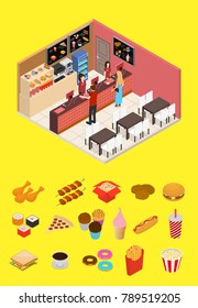 Interior Fast Food Restaurant or Cafe Bar and Elements Part Isometric View Menu Fastfood Inside Building People, Table and Chair. Vector illustration