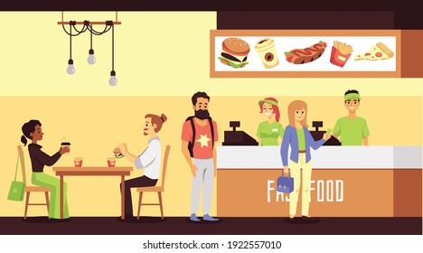 Interior fast food restaurant with people customers and smiling cashiers workers in green uniform selling the burgers, french fries hot dogs, pizza and coffee. Vector illustration.