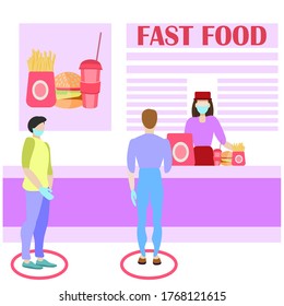 Interior of a fast food restaurant. Queue at the checkout. The concept of safe customer service. Social distance in the queue. Vector illustration in flat style.