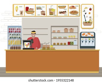 The Interior Of A Fast Food Restaurant. A Smiling Cashier, An Employee Of A Fast Food Cafe Behind The Counter. French Fries, Hamburgers, Drinks, Pizza, Hot Dog.  Vector Illustration In A Flat Style.