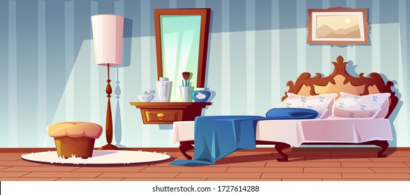 The Interior Of The Female Bedroom In The Royal Style, Wooden Furniture, Dressing Table, Cosmetics, Floor Lamp. Cartoon