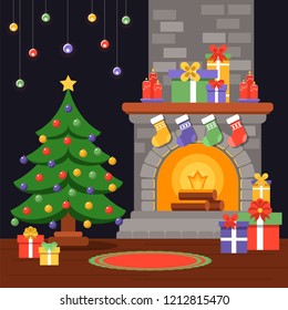 Interior with a fireplace and a decorated Christmas tree before Christmas. Many gifts throughout the room and burning candles. Vector illustration in flat style.