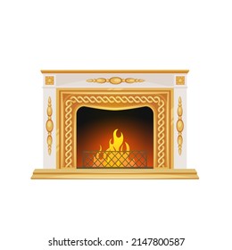 interior fireplace with decorations. House open fireplace, dwelling isolated vector white marble hearth, home interior element with fire flame, grates and golden stucco or fretwork