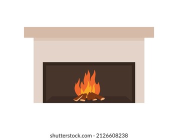 Interior fireplace with mantelpiece and burning flame, flat vector illustration isolated on white background. Interior classic marble fireplace for domestic fire.