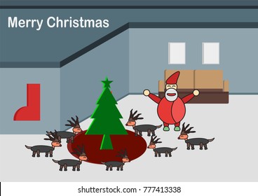 Interior flat home for Merry Christmas with Santa claus, reindeers and tree.