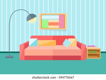 Interior in a flat style. Sofa, lamp. Vector illustration in a flat style.