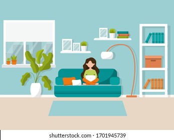 Interior in flat style. Vector illustration for remote work, freelance and online learning. Girl with a laptop sits on a sofa. Design of a modern room.