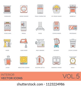 Interior flat vector icons. Dishwasher, smoke sensor, trash compactor, coffee maker, barbecue, stove oven, fridge, hood, microwave, mixer, meat grinder, blender, steam cooker, juicer, kettle, scale.