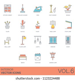 Interior flat vector icons. Kitchen cabinet, vacuum cleaner, iron, coat hanger, bonsai, tulip, cactus, plant, table, wall, floor, study lamp, lights, window, door, bench, box, garden.